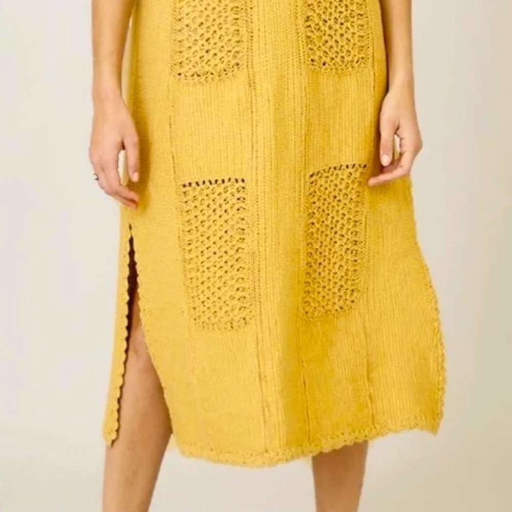 Ces Femme Yellow Beachy Crochet Knitted Sweater Midi Dress Medium - Picture 3 of 10